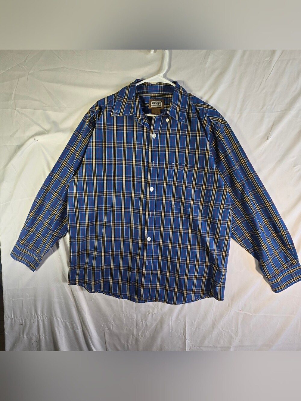 CE SCHMIDT WORKWEAR MENS L PLAID LONG SLEEVE SHIRT BLUE BLACK YELLOW BUTTON UP